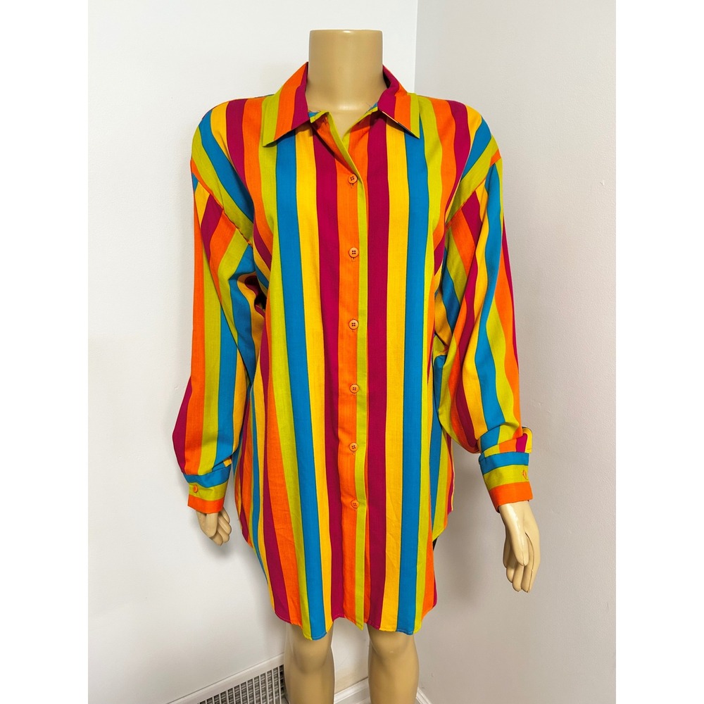 Venezia Womens Vintage 90s Rainbow Stripe Button Down Shirt Tunic Medium Multi